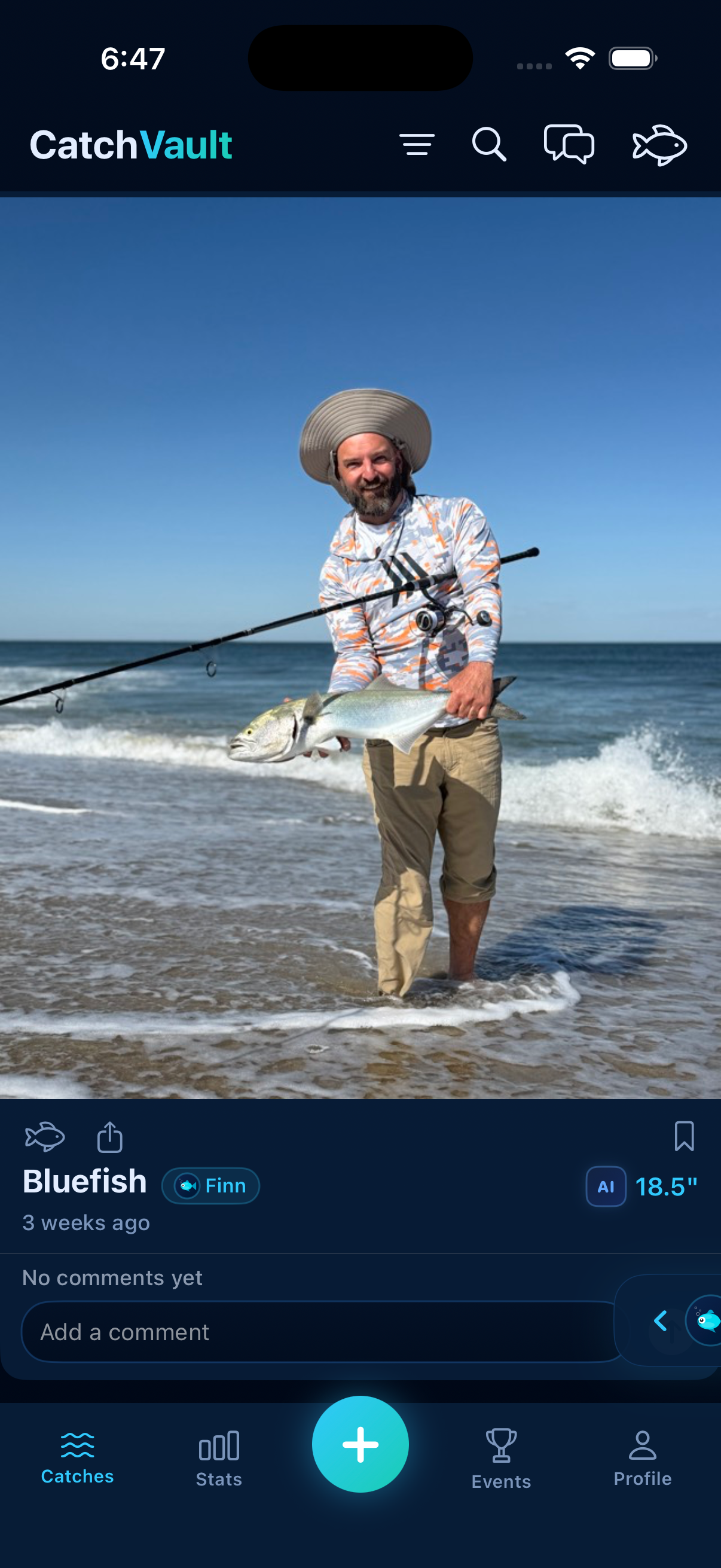 CatchVault app showing catch feed