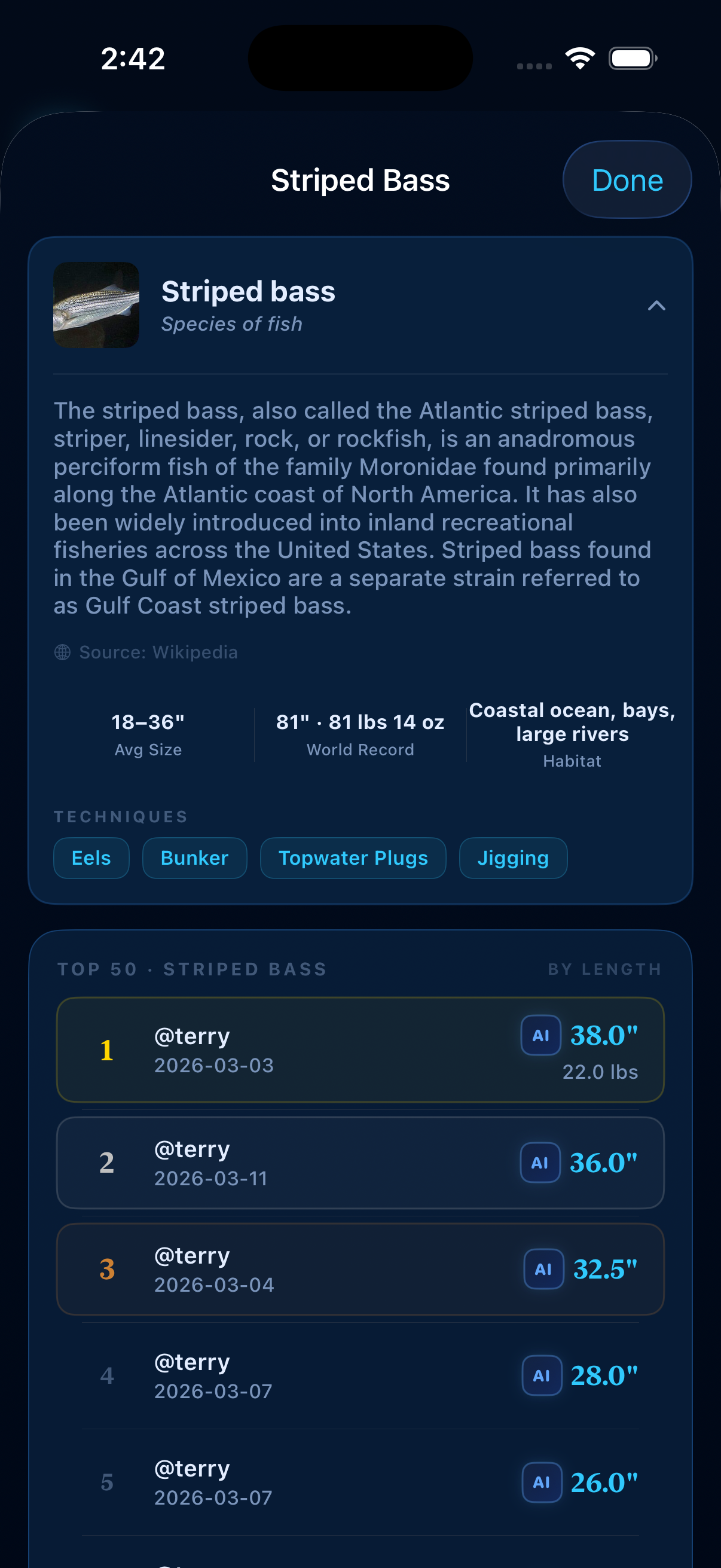 Striped Bass species leaderboard