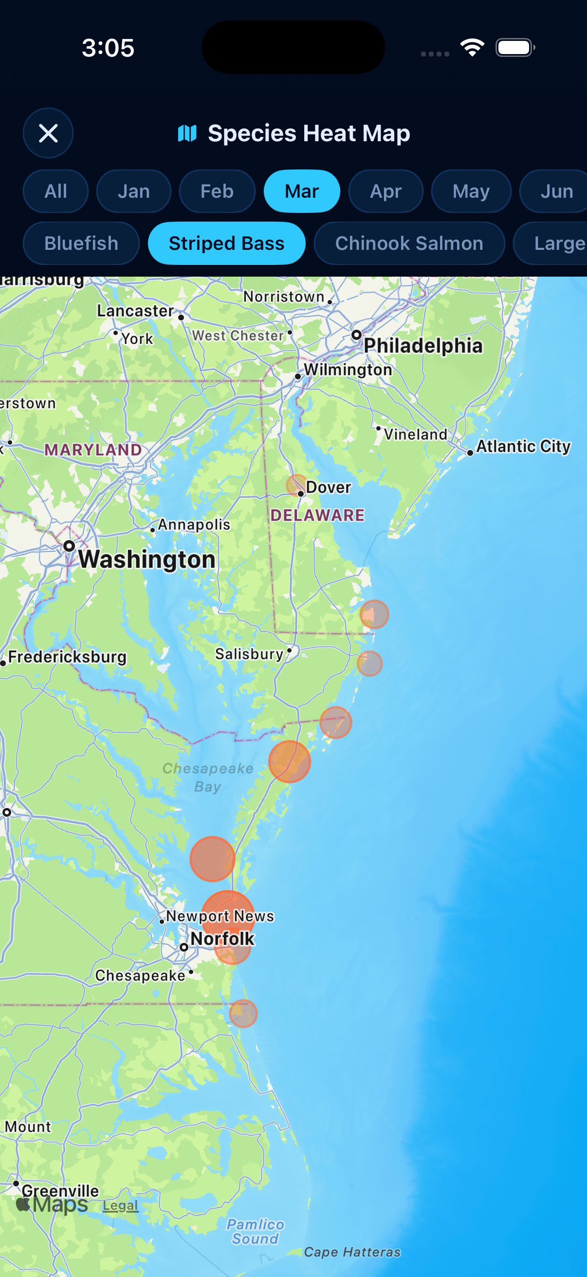 Striped Bass heatmap - Mar